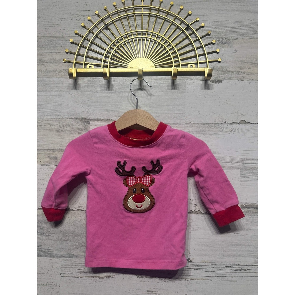 Classic Whimsy Reindeer Top Girls 9M‎ Pink Red Christmas Applique EUC
